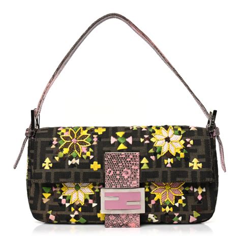 fendi pink muliticolor|FENDI Lizard Zucca Floral Embroidered Baguette Tobacco Pink .